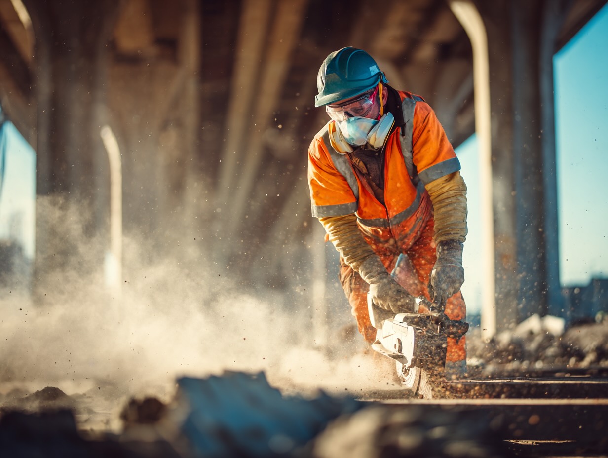 construction worker cutting concrete under a bridge while wearing personal protective equipment to prevent dust inhalation