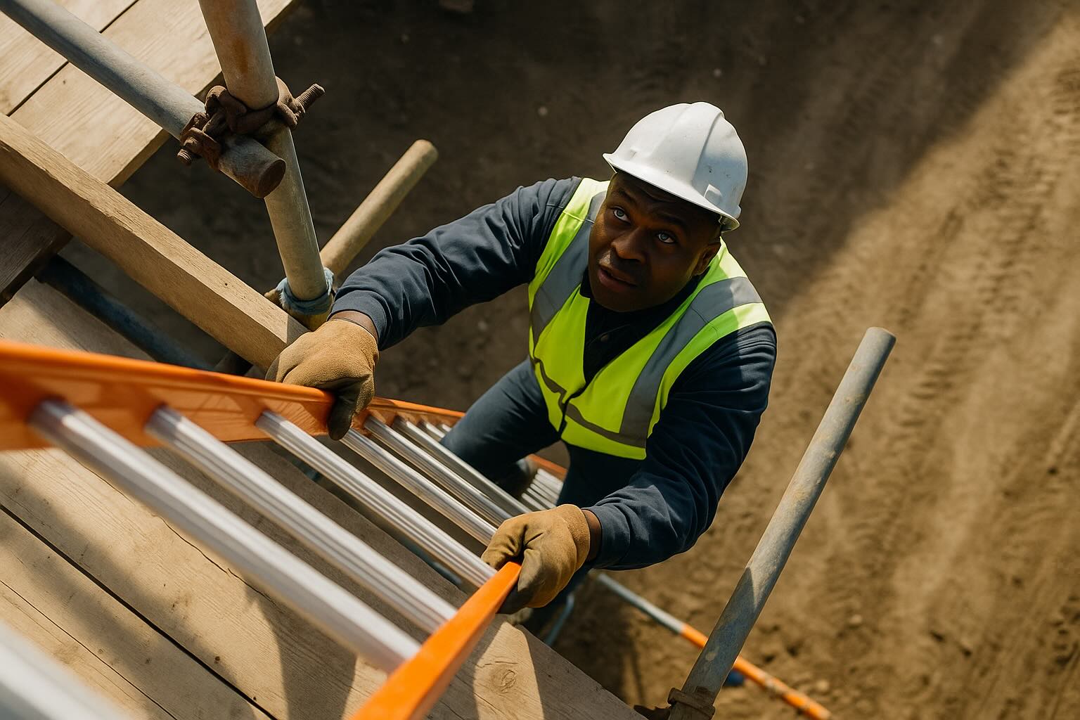 construction worker climbing a ladder