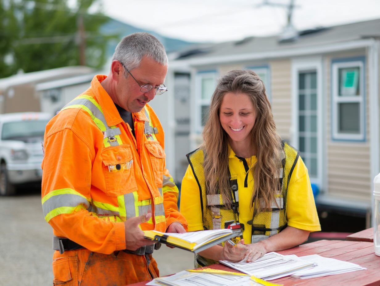 construction worker and safety manager reviewing safety data sheets